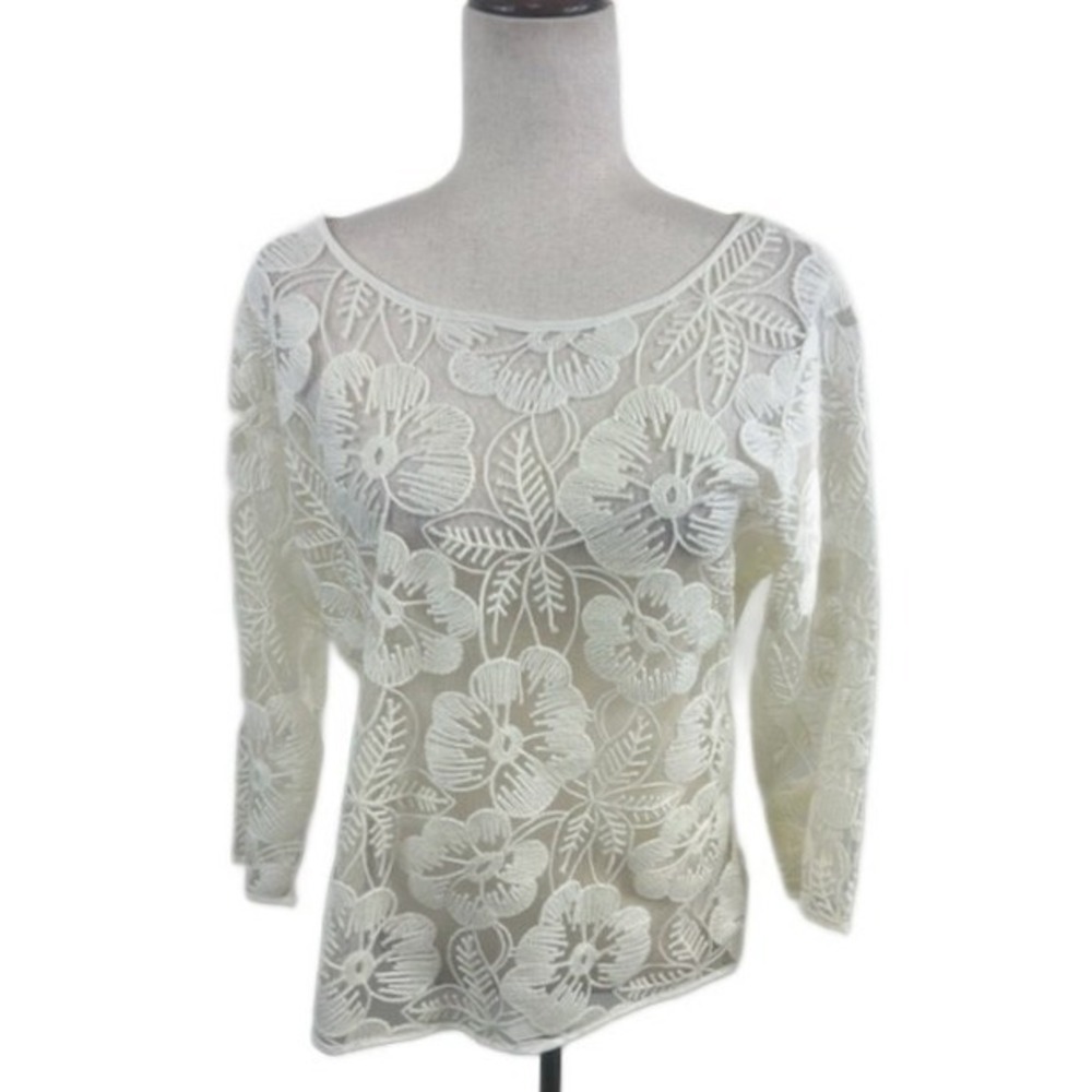 INC International Concepts Blouse Women's Size Large Lace 3/4 Sheer Sleeve Top